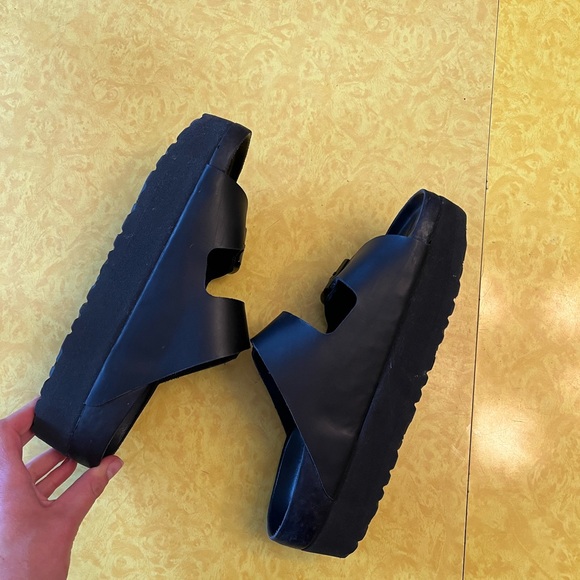 Papillio Birkenstock Black Leather Platform Sandals Size 41 - Picture 7 of 9